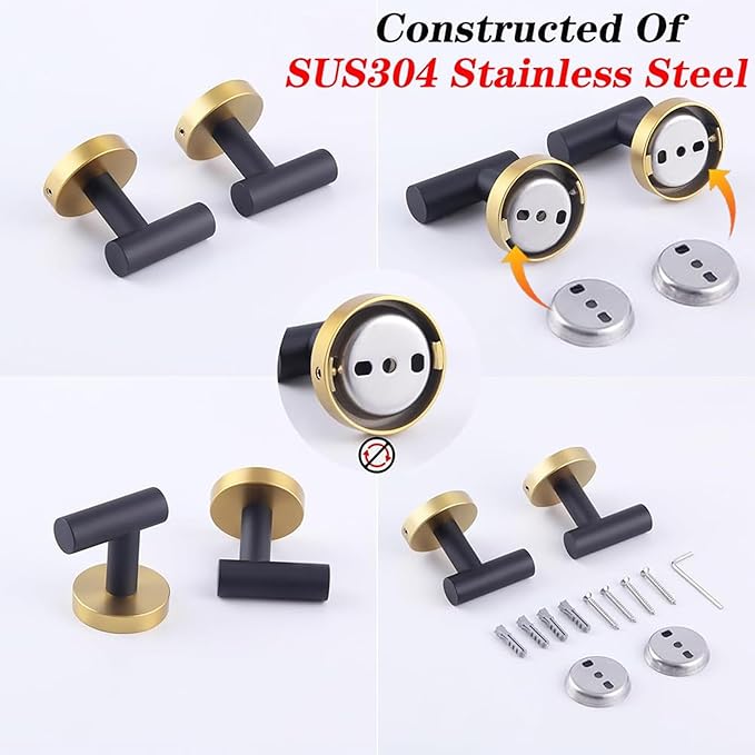 GERZWY Stainless Steel Towel Hook Robe Hook Coat Hook Heavy Duty Wall Mounted Luxury Hooks for Bathroom Hotel 2 Pack (Black & Gold) AG1107B-BD