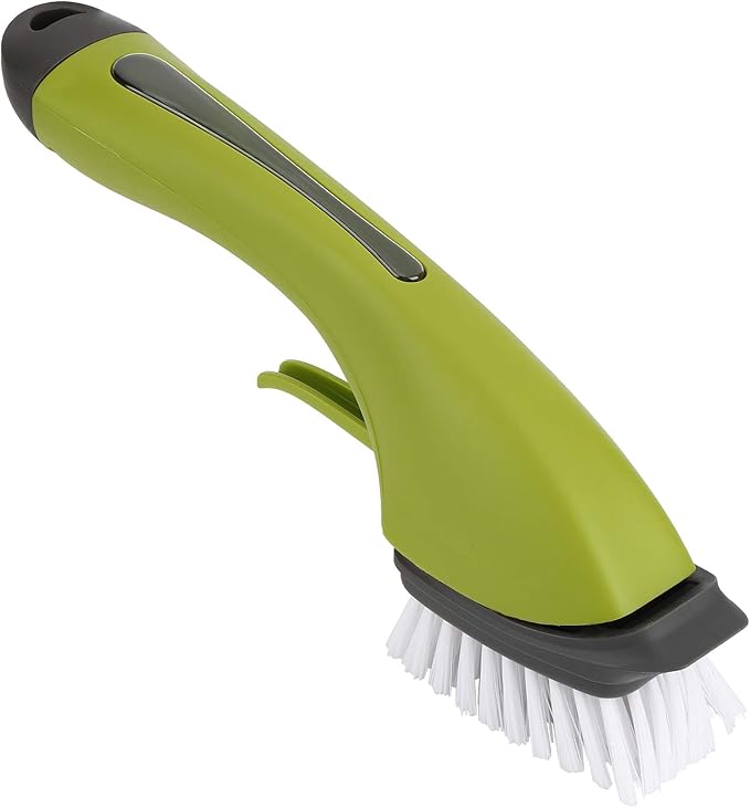 Soap Dispensing Dish Brush, 3-in-1 Heavy Duty Kitchen Scrub Brush with Built-in Soap Dispenser Fillable Reservoir Bathroom Scrubber Grout Cleaning Long Handle for Sink Bathtub