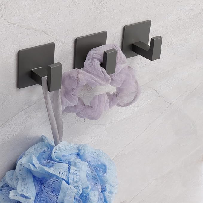 Bath Towel Hooks, 6 Pack Self Adhesive Square Coat Hooks, Sturdy No Drilling Robe Hook, Heavy Duty Aluminum Clothes Hanger, Wall Hooks for Bathroom Bedroom Kitchen (2 in, Grey)