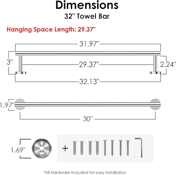 FORIOUS Towel Bar Wall Mounted, Stainless Steel Towel Racks for Bathroom, Includes Wall Mounting Hardware (Chrome, 32 Inch)