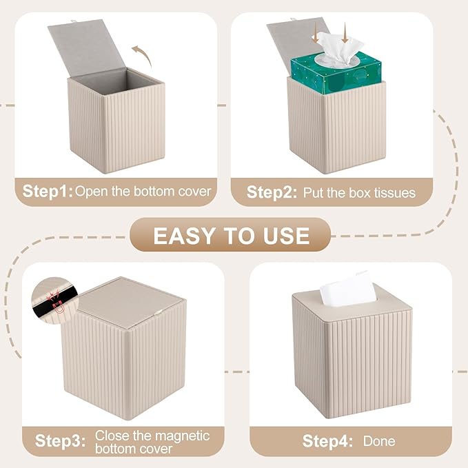 KINGFOM Tissue Box Cover, PU Leather Square Tissue Box Holder for Kleenexs with Magnetic Bottom Cover for Facial Tissues/Napkins, Office & Living Room Decor Box (Beige Strips)