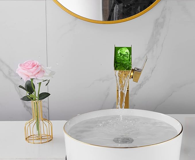 Bathroom Vessel Faucet Gold LED 3 Color Changing Light Waterfall Vessel Sink Faucets Single Handle One Hole Bowl Sink Faucet Vanity Lavatory Basin Mixer Tap Tall with Supply Hose Commercial Modern