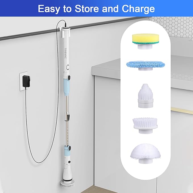 Electric Spin Scrubber,Cordless Spin Cleaning Scrubber with 5 Replaceable Brush Heads,Power Full Cleaning Brush Scrubber 450RPM,Adjustable Telescopic Handle&90min Runtime for Bathroom (Off White+Blue)