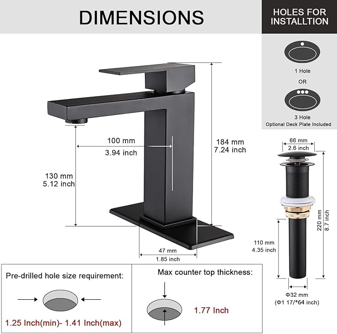 Matte Black Bathroom Faucet, Single Hole Vanity Bath Faucet, Single Handle Modern Stainless Steel Bathroom Faucets for Sink 1 Hole with Pop Up Drain Stopper & Water Supply Hoses