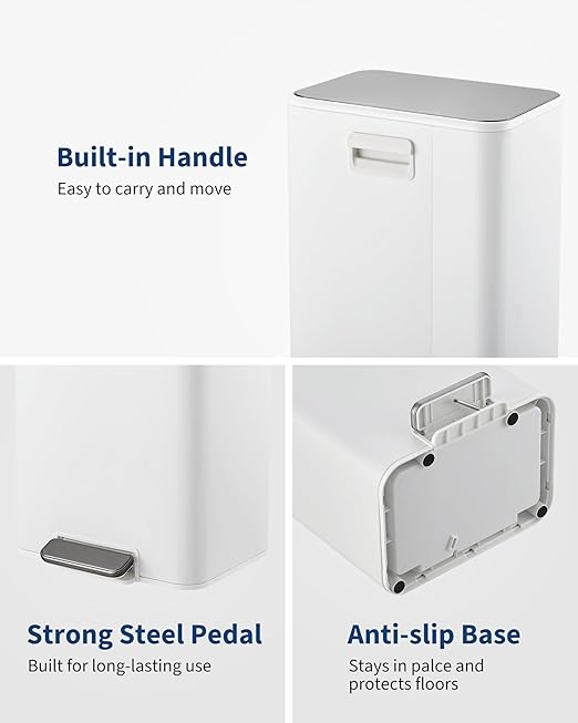 Garvee Space-Saving Office Trash Can, 4.8 Gallon Trash Can with Soft-Close Lid, Foot Pedal & Removable Inner Bucket, Rectangular Stainless Steel Garbage Can for Small Kitchen, Home, Garage, White