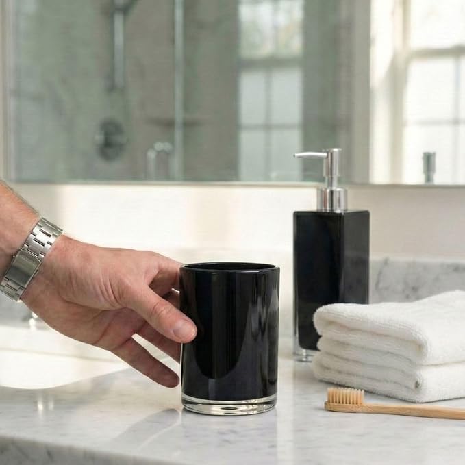 Premium Black Bathroom Tumbler, Toothbrush Cup, Reusable Bathroom Cup, Toothbrush Holder for Bathroom Vanity Countertops, 2 Pack