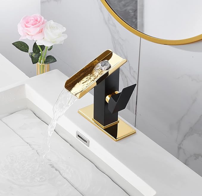 Bathroom Sink Faucet Black Gold 1 Hole Single Handle Waterfall Open Spout Bath Faucets Brass Sinks Lavatory Bath Vanity Faucets Basin Mixer Tap Supply Line Golden Hole Cover Plate