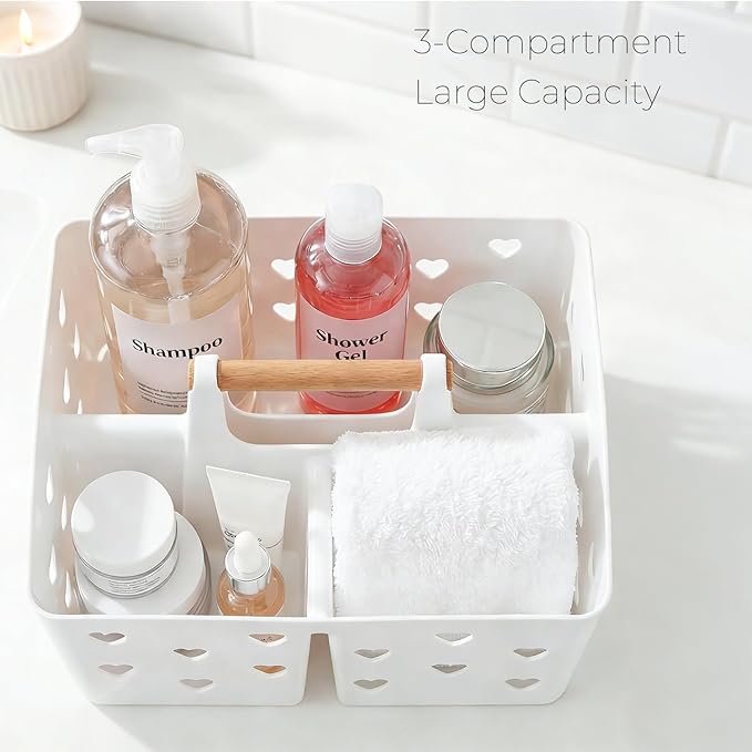 White Portable Shower Caddy with Handle, Large Plastic Shower Basket Organizer for College Dorm Room Essentials, Bathroom, Gym, Camping, Non-Slip Drainage Design for Toiletries & Cleaning Supplies