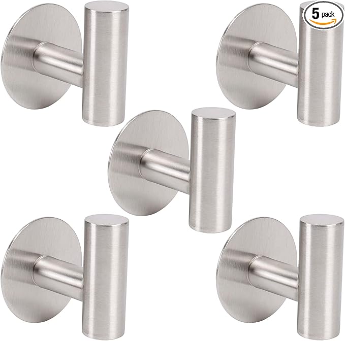 TocTen Bath Towel Hook, Strong Self Adhesive Robe Hook, SUS 304 Stainless Steel Stick on Wall Coat/Clothes Hook No Drilling, Shower Wall Hook for Bathroom Kitchen Office Closet(Brushed Nickel, 5 Pack)