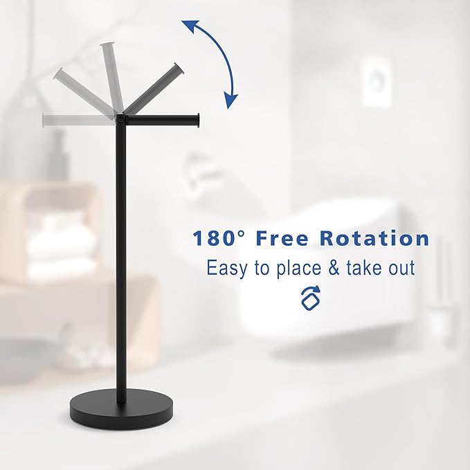 Free Standing Toilet Paper Holder Stand with Weighted Base, SUS304 180 Degree Rotatable Tissue Holder with Shelf, Can Extra Storage 4 Rolls, Black Bathroom Toilet Roll Holder