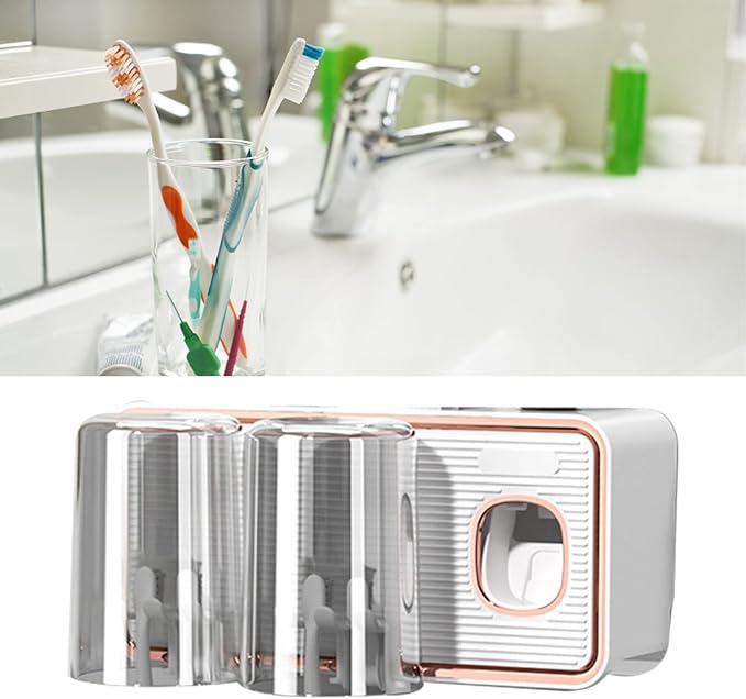 Toothbrush Holder with Toothpaste Dispenser, Wall Mounted Tooth Brush Organizer with 2 Brush Slots, Self Adhesive Toothbrush Holder for Shower (White)