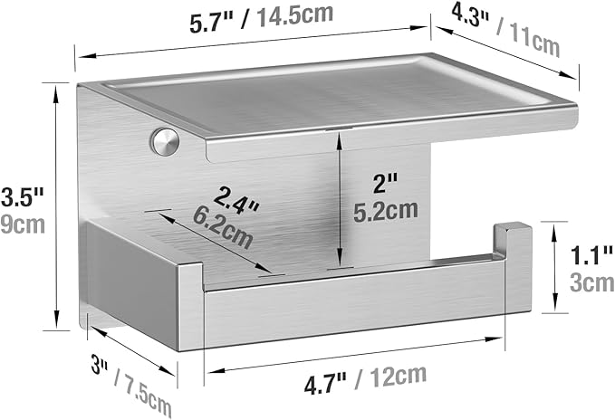 HITSLAM Brushed Nickel Silver Toilet Paper Holder, Stick on Silver Toilet Paper Holder with Shelf, Self Adhesive No Drill or Wall-Mount with Screws for Bathroom