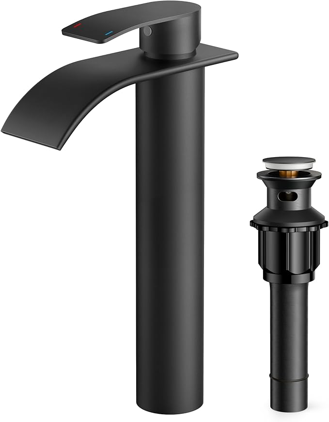 FORIOUS Waterfall Bathroom Vessel Sink Faucets with Metal Pop up Drain and Lead-Free cUPC Hose, Mate Black Single Handle Tall Bathroom Faucet 1 Hole, 11inch for Bath,Vessel