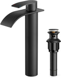 FORIOUS Waterfall Bathroom Vessel Sink Faucets with Metal Pop up Drain and Lead-Free cUPC Hose, Mate Black Single Handle Tall Bathroom Faucet 1 Hole, 11inch for Bath,Vessel