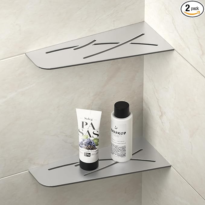 Corner Shower Shelf 12" Brushed 304 Stainless Steel Quadrilateral Corner Shelves Recessed Bathroom Storage Shampoo Holder Organizer Kitchen Shelf Rack 2 Pack, No Drilling Needed