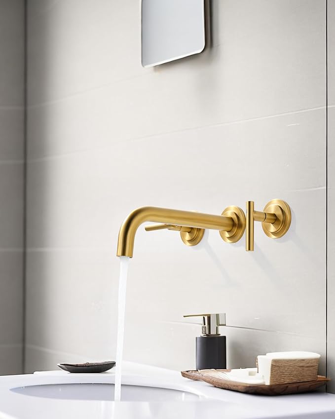 WOWOW Wall Mount Bathroom Faucet Gold Wall Faucet High Flow Two Handles Stainless Steels,Long Spout Reach,Widespread Bathroom Sink with Rough-in Valve 3 Holes Elegant Classic Spout