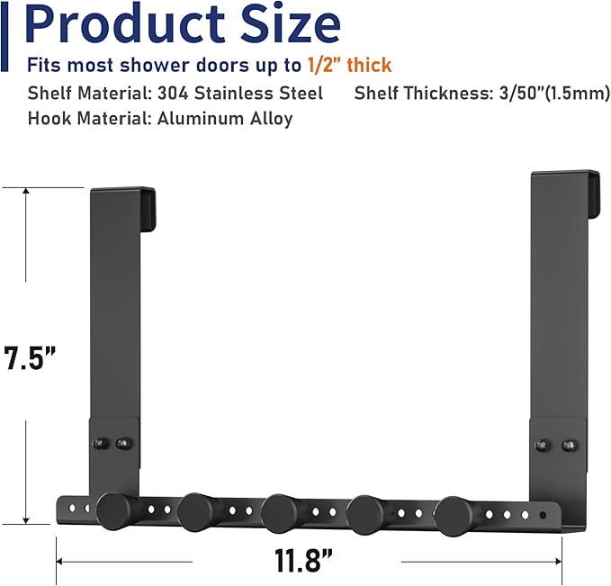 Shower Door Hooks, 7.5 Inch Bath Towel Hook for Frameless Glass Doors, 304 Stainless Steel Heavy Duty Robe Holder w/ 5 Hooks (Fit Frameless Shower Door up to 1/2" Thick)