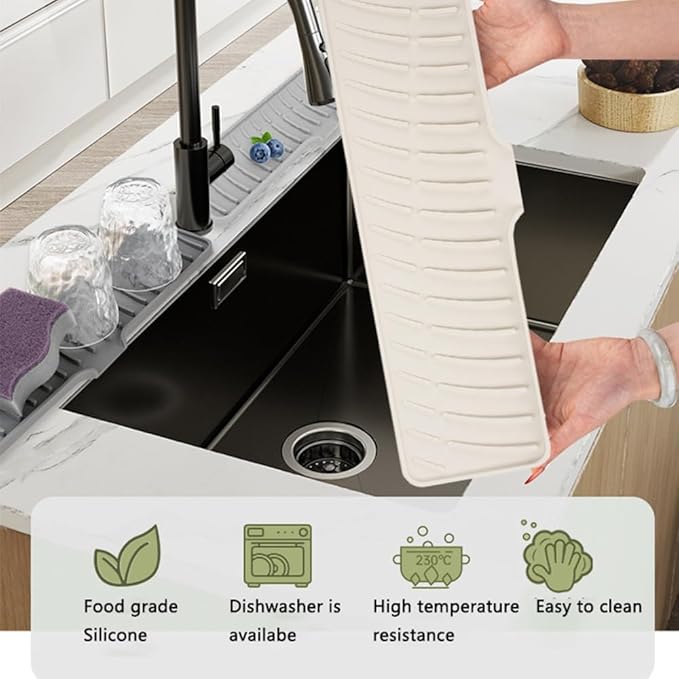 Silicone Faucet Mat for Kitchen Sink Bathroom Faucet Pad Sink Splash Guard Soap Sponge Holder Dish Drying Mat Double Side Available 2in1 Drainer Mat Heat-Resistant 16.54x3.94in White