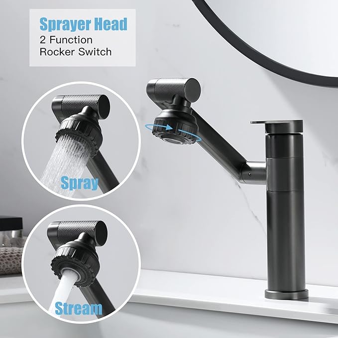 Black Bathroom Faucet 1080 Degree Swivel Lavatory Basin Sink Faucet 1 Handle Big Angle Spray Aerator Spout Extender Universal Rotating Splash Filter 2 Water Outlet Modes