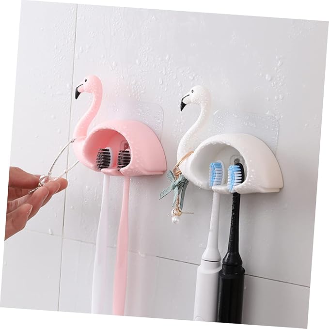 Unomor 2pcs Flamingo Toothbrush Holder Wall Mounted Electric Brush Organizer Punch Installation Cute Cartoon Design for Bathroom Storage and Family Use