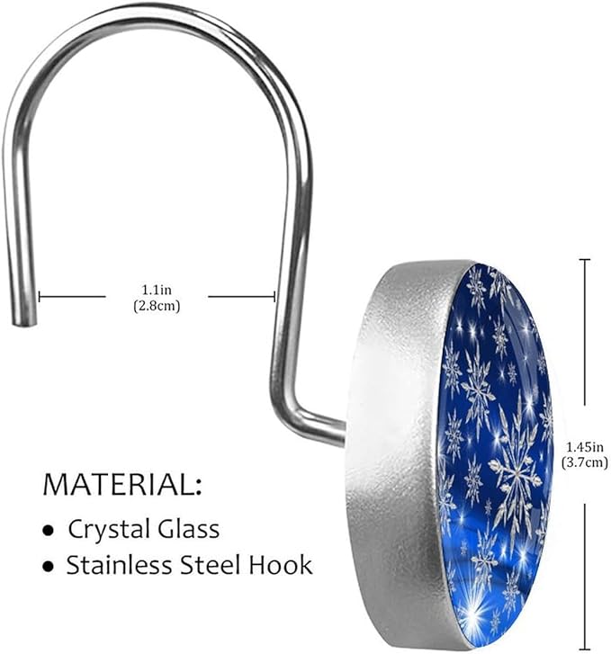 Christmas Snowflake Shower Curtain Hooks 12 Pcs, Rust Proof Glass Surface Stainless Steel Curtain Rings for Bathroom Bedroom Living Room Kitchen Home Shower Rods Decor