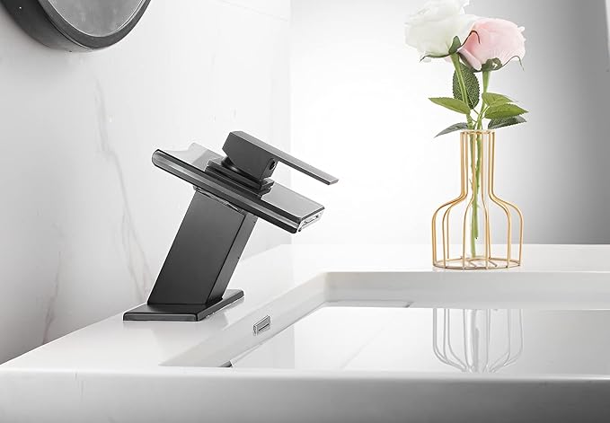 Black Bathroom Sink Faucet LED Light 3 Colors Changing Waterfall Glass Spout Hot and Cold Water Mixer Single Handle One Hole Deck Mounted Bathroom Faucet Lavatory Vanity Basin Mix Tap Commercial