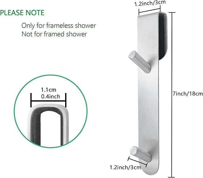 Shower Door Hook, Extended Length Frameless Shower Door Hook (7 Inches), Heavy-Duty Bathrobe Towel Stainless Steel Hook, No Drilling or Adhesive Required, 2-Pack, Silver