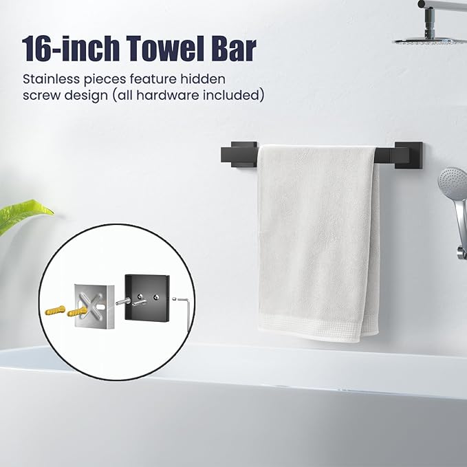 Bathroom Hardware Accessories Set: 5-Pieces Bath Towel Bar Set, Towel Racks for Bathroom Wall Mounted, SUS304 Stainless Steel, Matte Black