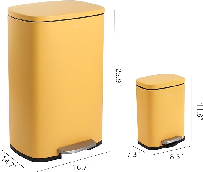 happimess HPM1006L Connor Rectangular 13.2-Gallon Trash Can with Soft-Close Lid and Free Mini Trash Can, Daffodil Yellow for Home, Kitchen, Bathroom, Living Room, Office