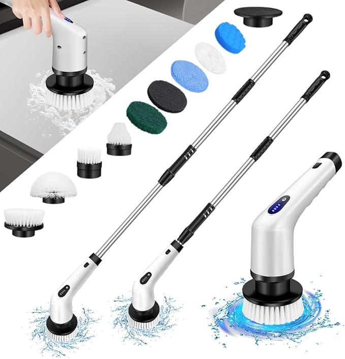 Electric Spin Scrubber, Cordless Cleaning Brush with 9 Replaceable Brush Heads, Tub and Floor Tile Power Scrubber with Adjustable & Detachable Handle for Bathtub Grout Tile Floor Car