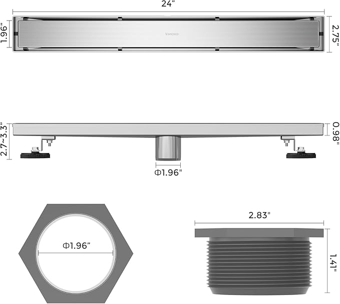 VANCOCO 24 Inch Linear Shower Drain, Brushed 304 Stainless Steel with 2-in-1 Tile Insert Grate, Adjustable Feet & Hair Strainer for Bathroom Remodel