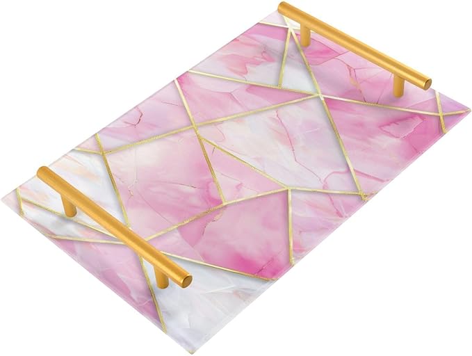 Pink Marble Vanity Tray Acrylic Bathroom Countertop Tray Marbling Decorative for Kitchen Desk Organizer Makeup Storage Tray