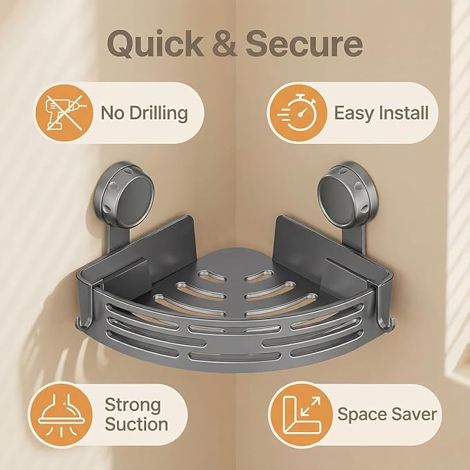 No-Drill Bathroom Corner Shelf, 3 Tier Corner Shelf Bathroom, Suction Cup Corner Shower Shelf, Wall Mounted Storage Rack for Bathroom & Kitchen (2PCS-Black)