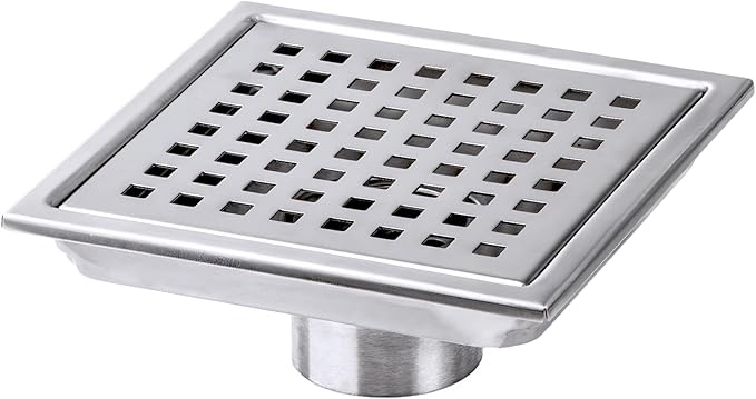 SaniteModar Shower Drain, 6 inch Shower Floor Square Drain with Flange, Removeable Grid Panel SUS 304 Stainless Steel Square Shower Drain, Silver