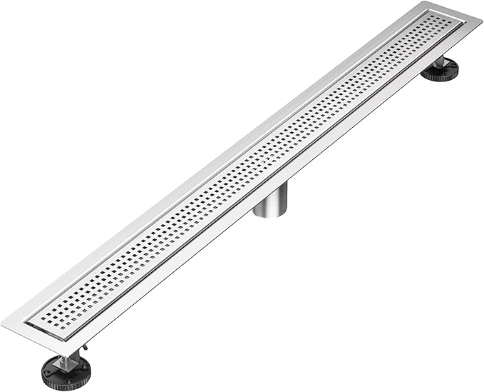 24 inch Linear Shower Drain with Square Hole Pattern Grate Cover, Brushed 304 Stainless Steel Bonding Flange Linear Drain, Low Profile Linear Shower Drain with Hair Strainer