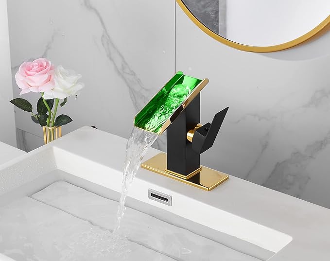 One Hole Bathroom Faucets LED Waterfall Spout Black and Gold RGB 3 Colors Light Changing Temperature Lavatory Vanity Sink Faucet Brass Single Handle Modern Washbasin Bath Tap Commercial Residential