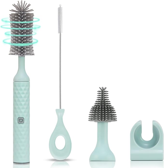 Electric Bottle Cleaner Set - 4 Piece Silicone Brush for Bottles, Pacifiers, Straws - USB Charged 360 High-Speed Rotation Cleaning