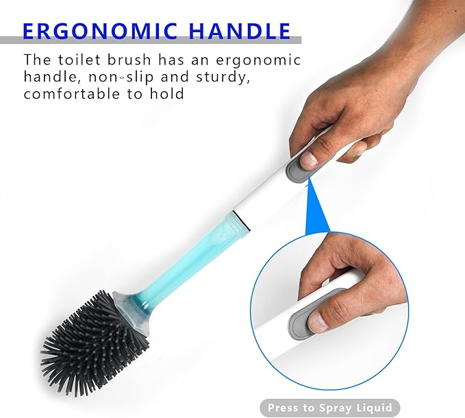 Silicone Toilet Brush and Holder Set, 2 Packs Bendable Toilet Scrubber for Curved Rim, Non-Scratch Drip-Resistant Brush with Sprayer, Space Saving Bathroom Essentials (2)