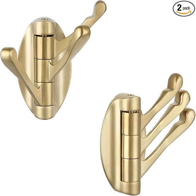 APLusee Swivel Robe Towel Hook 2 PCS Brushed Gold, Metal 3 Arms Folding Clothes Hook, Flexible Bathroom Home RV Storage Holder, Wall Mounted