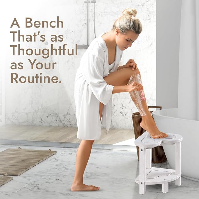 Corner Shower Stool for Inside Shower - Waterproof Corner Shower Bench, HDPE Plastic Bathroom Bench, Adjustable Height Corner Chair for Shaving Legs,Storage Shelf,Non-Slip Feet，White