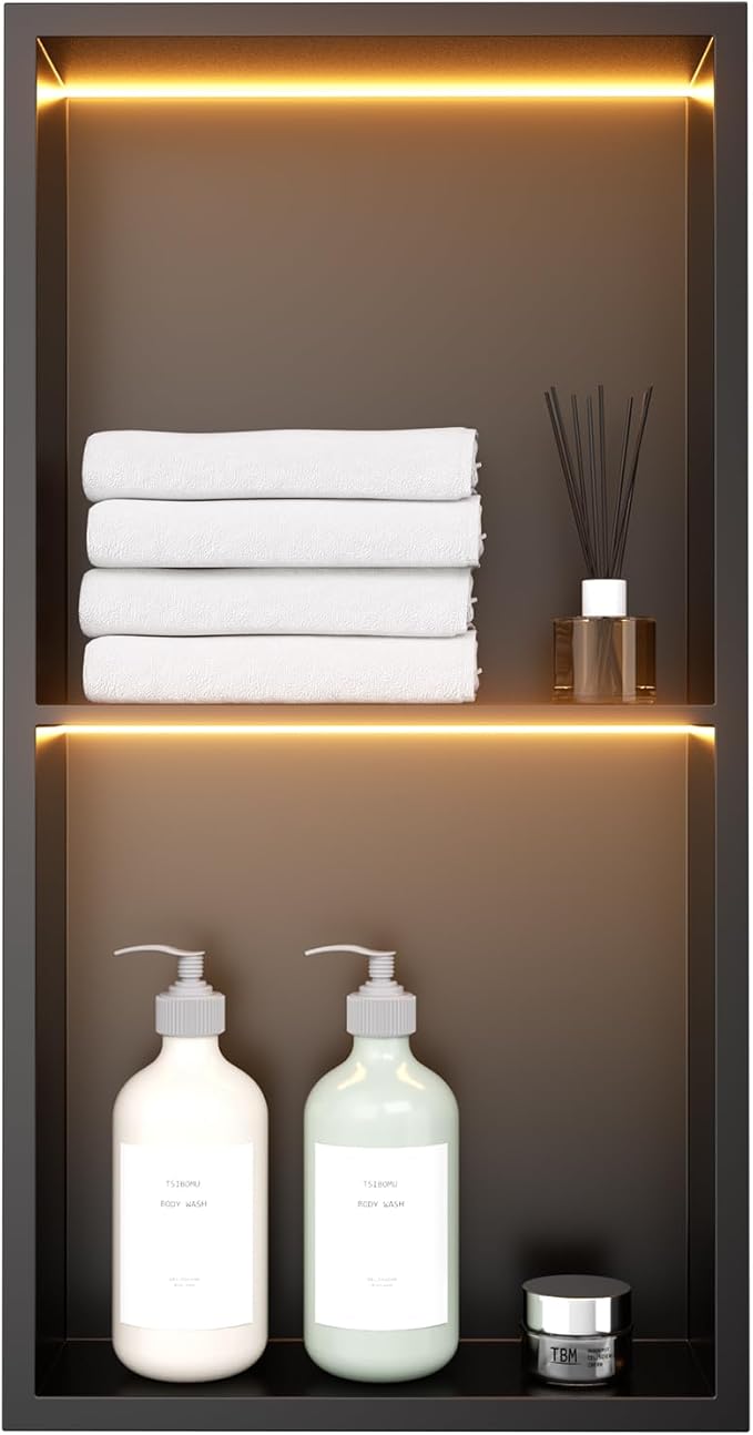 12" X 24" Stainless Steel Shower Niche with LED Lights, Matte Black Double Shelves Recessed Shower Niche No Tile Needed for Bathroom/Bedroom Storage