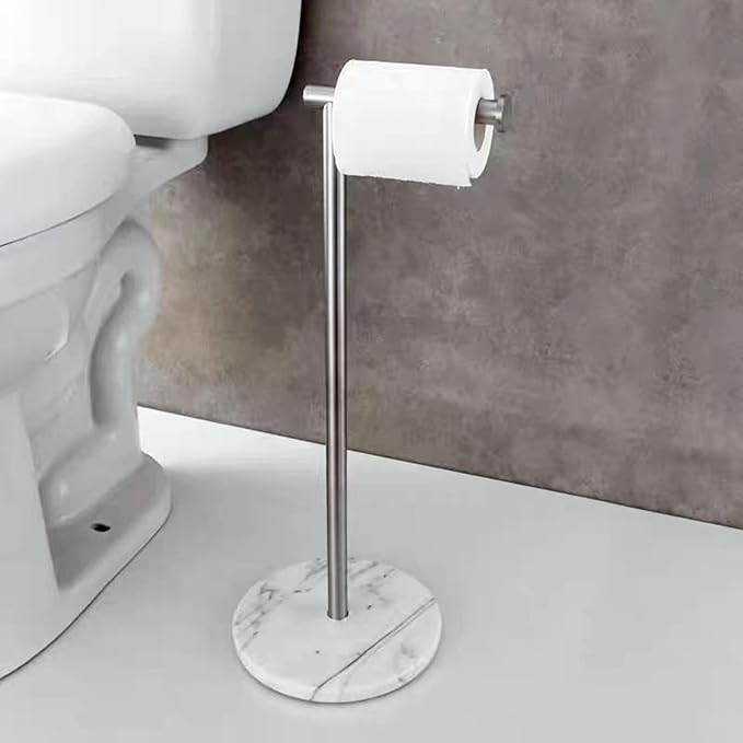 Toilet Paper Holder Free Standing with Natural Marble Base, 26" Height Floor Free Standing Toilet Paper Holder Brushed Nickel