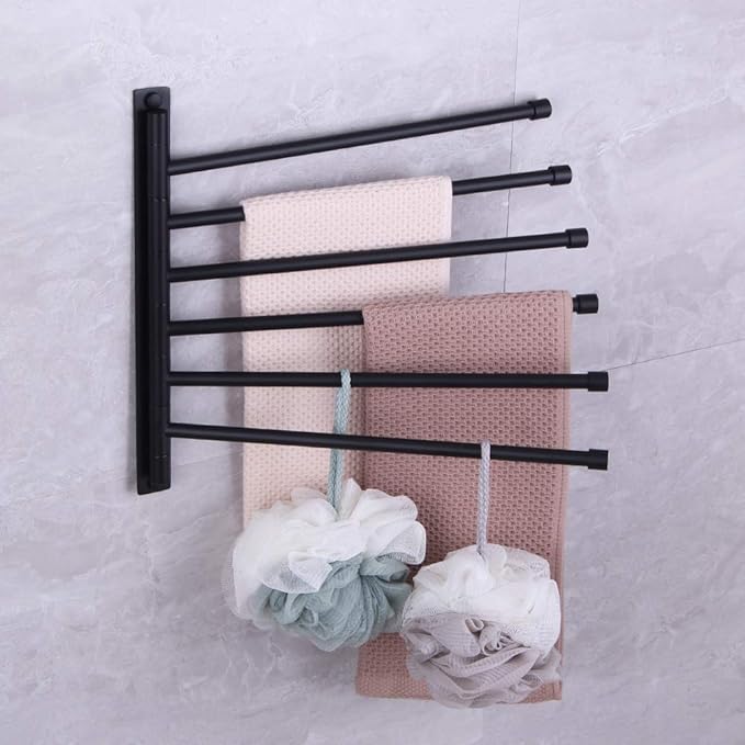 Swivel Hand Towel Bar Bathroom Swing Hanger Towel Rack Holder Matte Black Finish, Wall Mounted, 6-Arm