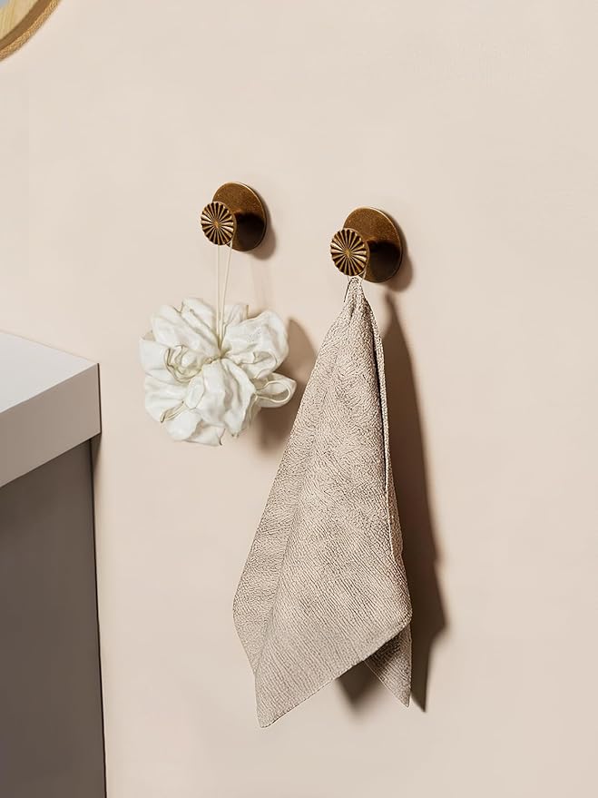 2 Pack Adhesive Coat Hooks for Bathrooms Antique Brass Wall Robe Towel Hooks for Hanging Kitchen Decorative Heavy Duty Zinc Alloy