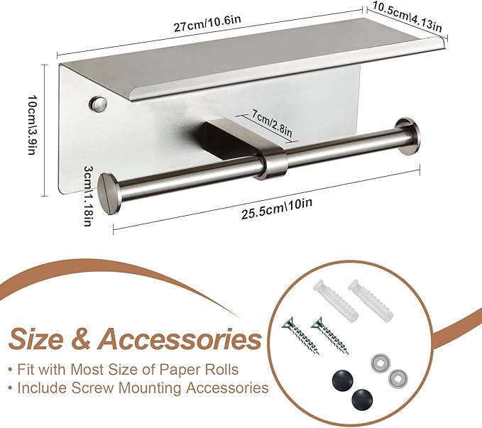 Toilet Paper Holder Wall Mount with Shelf Bjiotun Stainless Steel Toilet Paper Storage Tissue Roll Holder for Bathroom Storage Holds