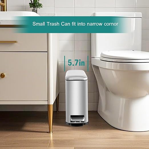Small Bathroom Trash Can with Lid, 1.3 Gallon Stainless Steel Trash Can with Removal Inner Bucket, Soft Close Lid, Step Pedal, Compact Trash Bin for Bedroom, Office, Kitchen (Silver)