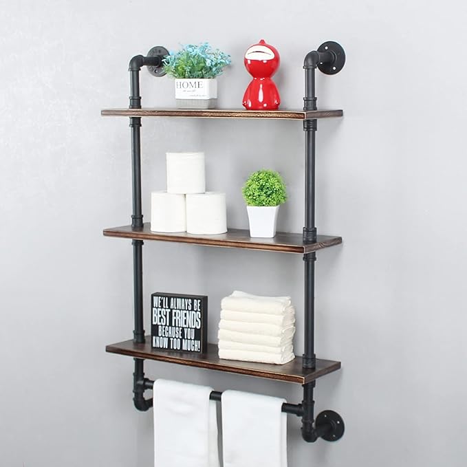 MBQQ Iron Pipe Shelves Industrial Bathroom Shelves with Towel bar,24in Rustic Metal Pipe Floating Shelves Pipe Wall Shelf,3 Tier Industrial Shelf Wall Mounted,Retro Black