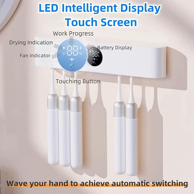 Toothbrush Holder Cleaner with Fan Drying Wall Mounted Razor Holder& Timer Function,5 Toothbrush Slots, Rechargeable Bathroom Accessor,LED Smart Screen for Home,Family Use,No Drilling
