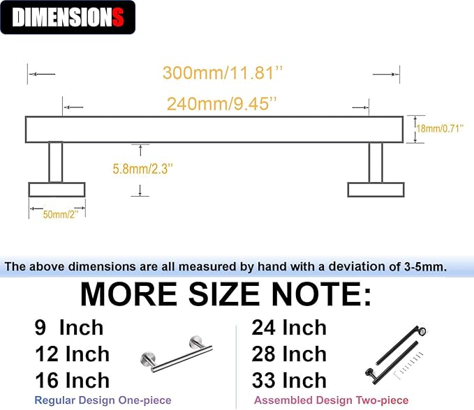 12 Inch Towel Bar 2 Pack for Bathroom 9/12/16/24/28/33 Inch Kitchen Hand Towel Holder Brushed Nickel Stainless Steel 304 RUSTPROOF Wall Mount Towel Rod 2 of Pack (2, Brushed Nickel, 12 Inch)