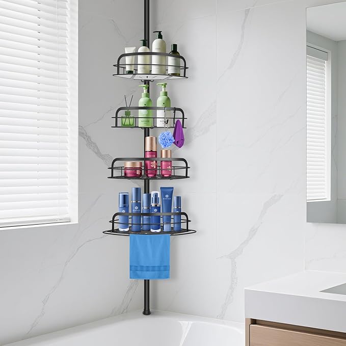 BlumWay Corner Shower Caddy Tension Pole, 4-Tier Adjustable Shower Organizer Shelves, Rustproof Bathroom Shower Organizer Corner Shelf for Bathtub Shampoo Storage, 32 to 116.5 Inch Height